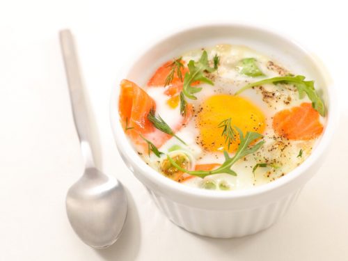 Baked Eggs with Leeks and Smoked Salmon Recipe, oven baked eggs, shirred eggs with heavy cream