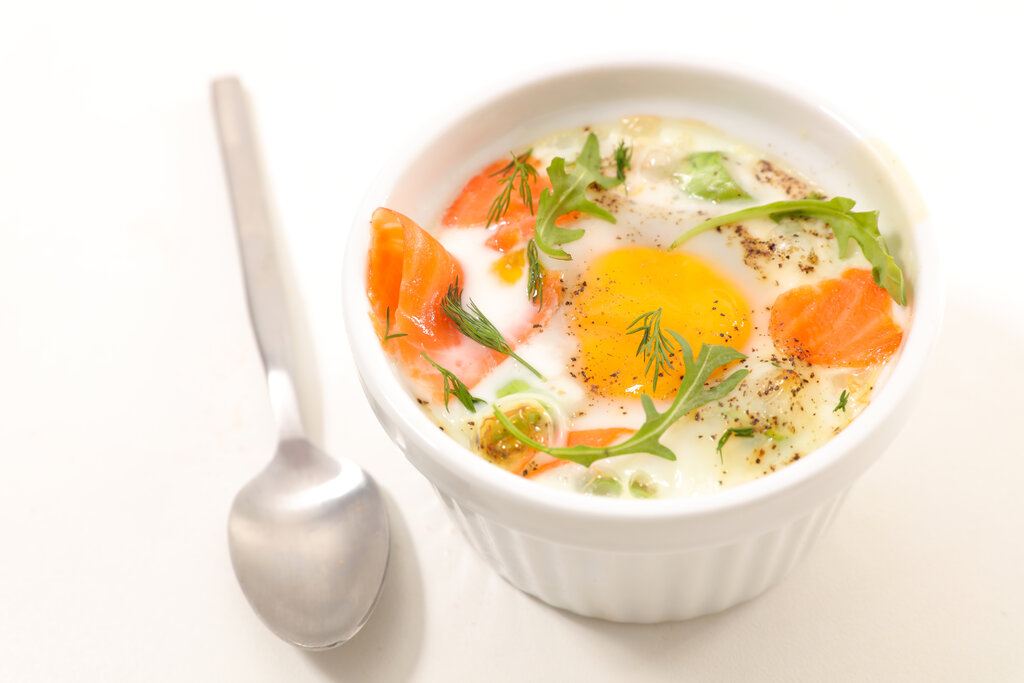 Baked Eggs with Leeks and Smoked Salmon Recipe, oven baked eggs, shirred eggs with heavy cream