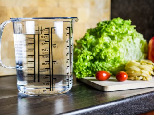 glass measuring cup on kitchen counter