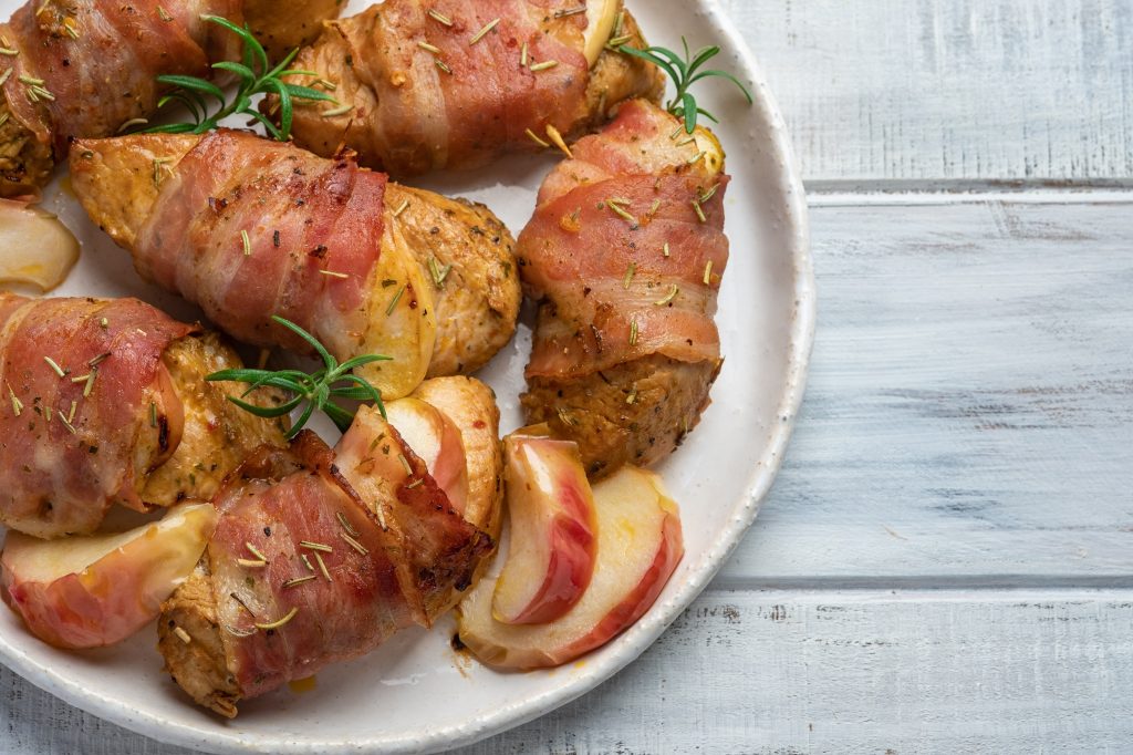 Bacon wrapped turkey or chicken breast with apple slice