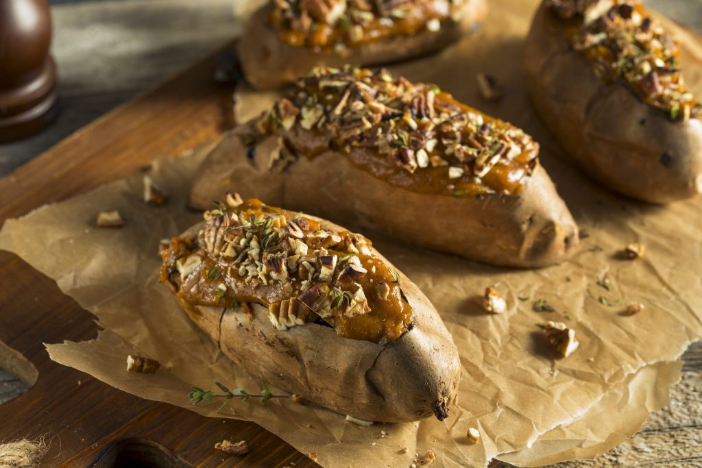 Twice Baked Sweet Potatoes with Pecans