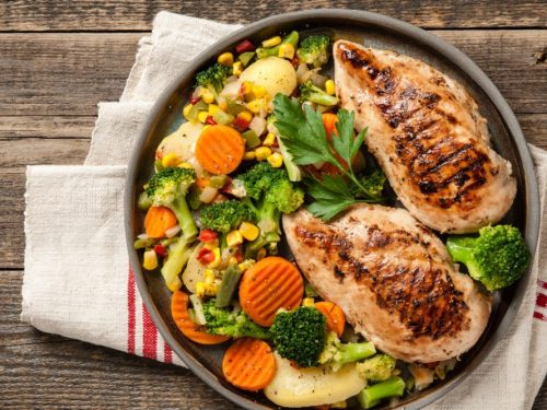 Grilled chicken breast fillets with chopped vegetables, healthy chicken recipes