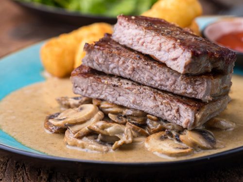 instant pot london broil recipe, slices of a steak with mushroom sauce