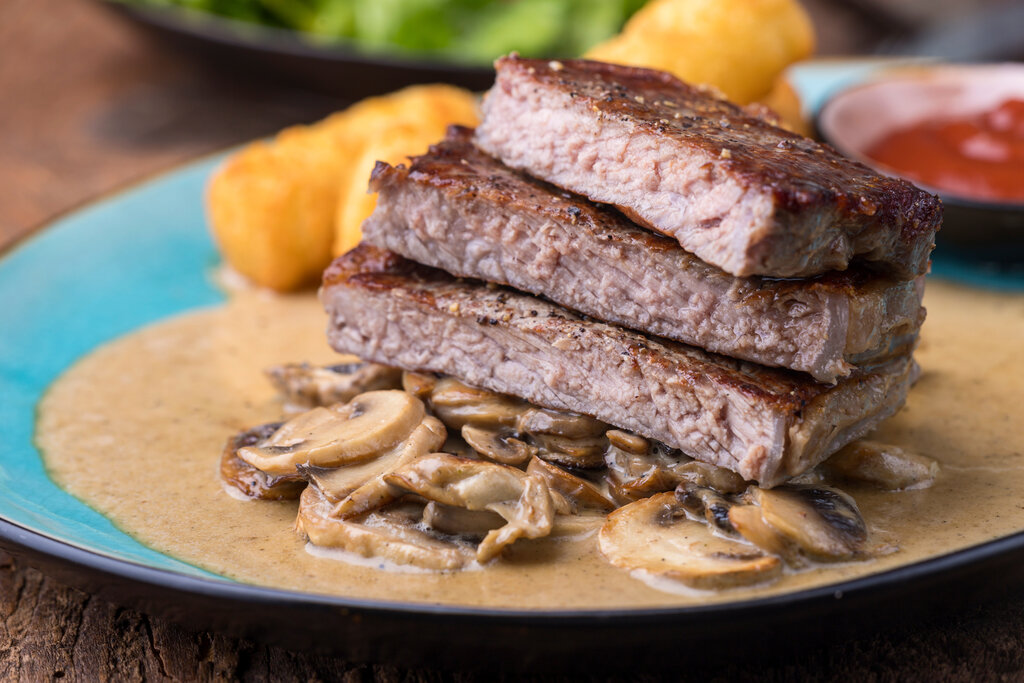 instant pot london broil recipe, slices of a steak with mushroom sauce