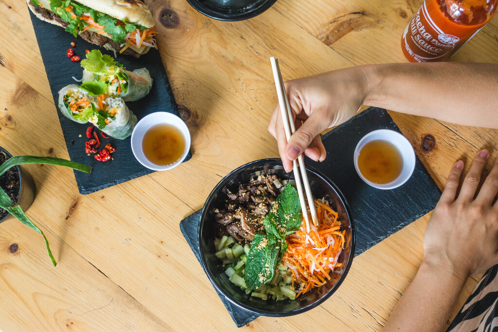 Fusion of chinese and french cuisine - chopsticks made of baguette