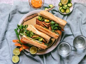 tofu banh mi, lime, pickles, and water