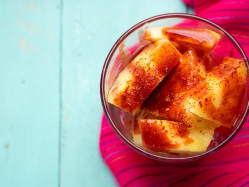 fruit bowl drizzed with chamoy