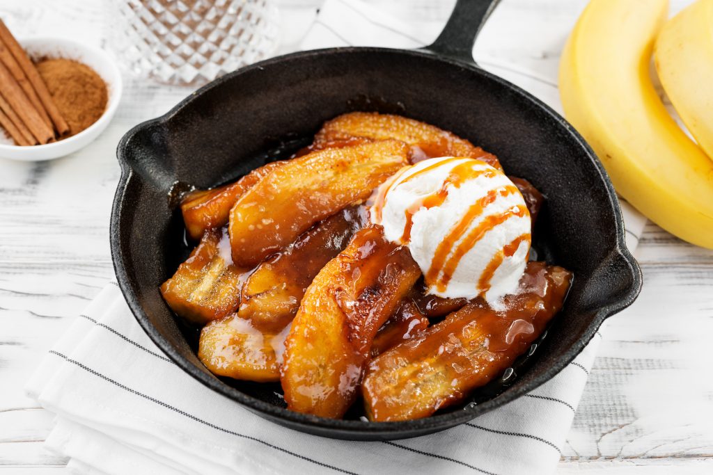 homemade fried bananas foster with cinnamon and ice cream