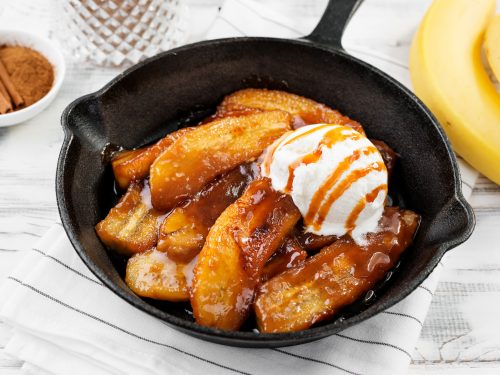 homemade fried bananas foster with cinnamon and ice cream