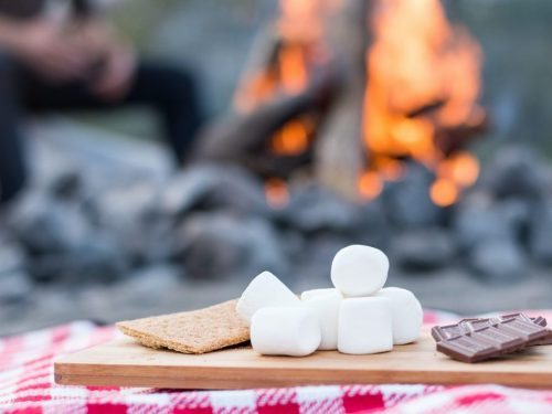 Graham crackers, marshmallows, and chocolate pieces for making s'mores, one of the most popular camping snacks.