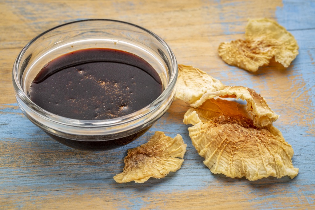 Yacon root syrup with pieces of dried yacon root on the side