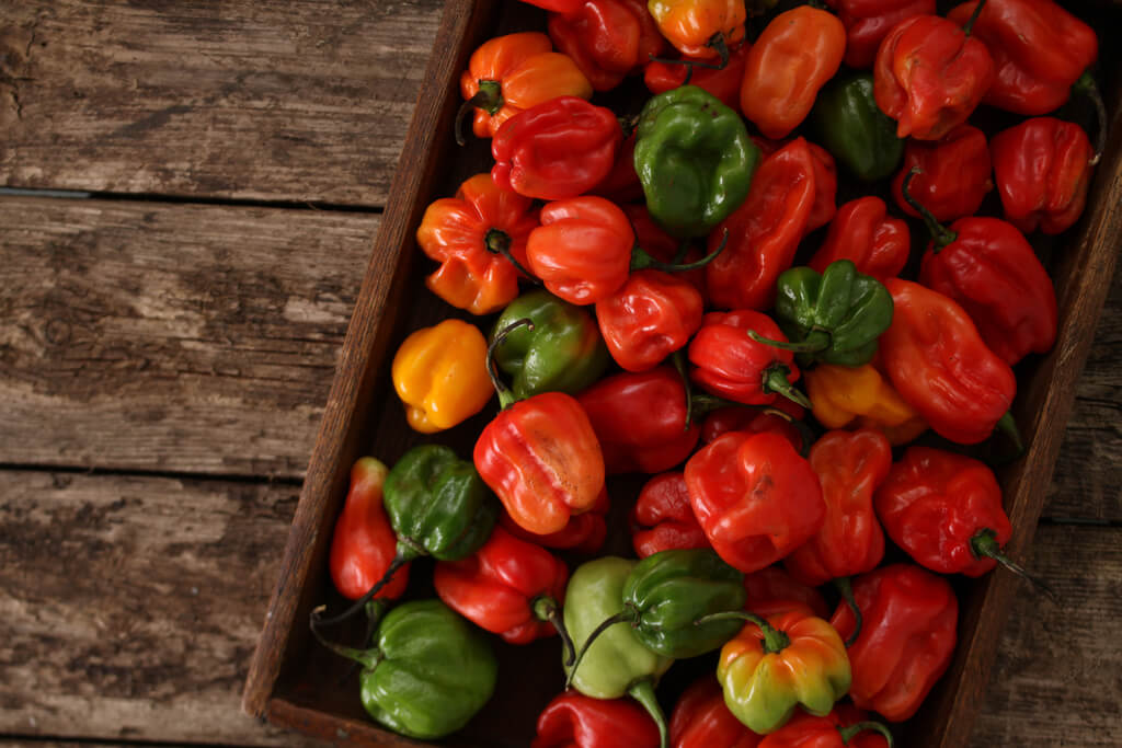 variety of scotch bonnet peppers in a crate