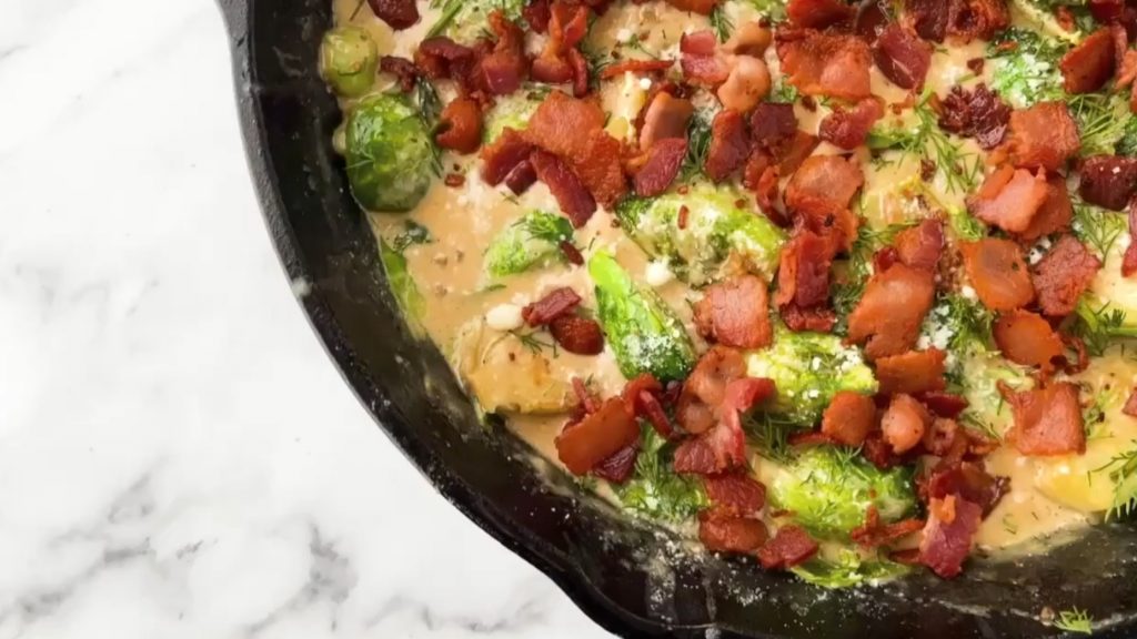 Creamy Garlic Parmesan Brussel Sprouts with Bacon Recipe