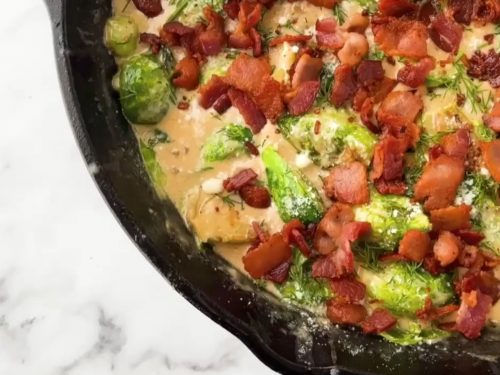 Creamy Garlic Parmesan Brussel Sprouts with Bacon Recipe