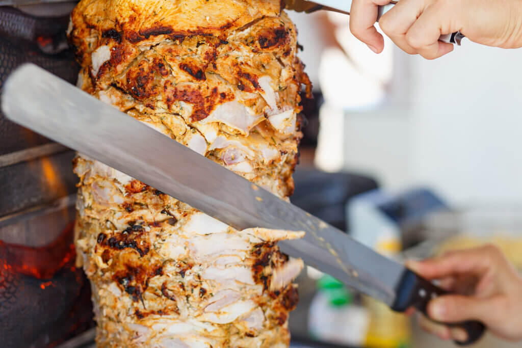 chicken shawarma meat on a spit 