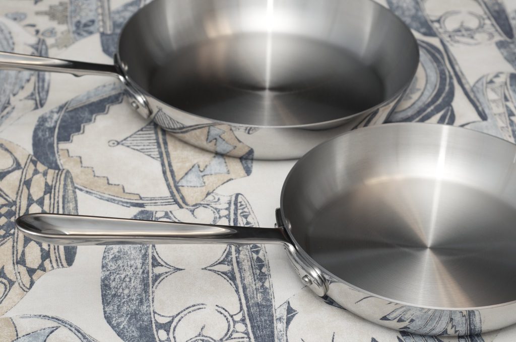 stainless steel pans on a counter