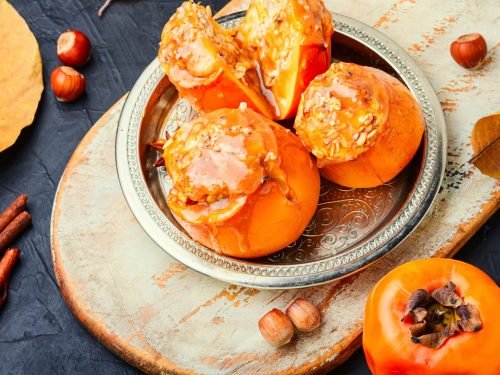 Caramelized Baked Persimmon, Baked persimmon served on silver metal plate