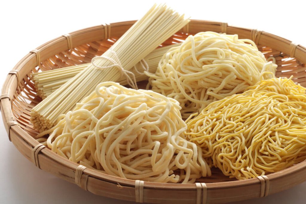 types of Japanese noodles in a wicker basket