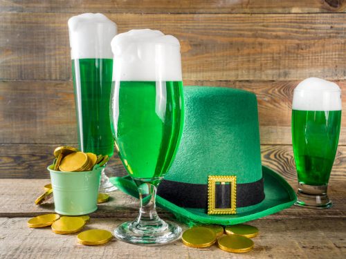 Green Beer Recipe, Beer colored with green food coloring served on glasses