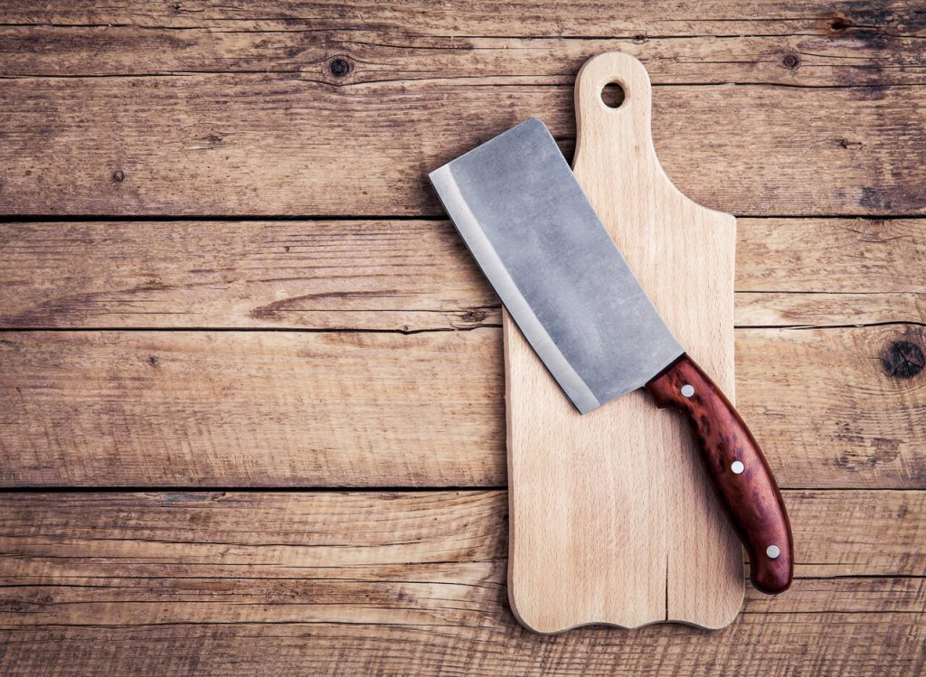 chopping board and meat cleaver