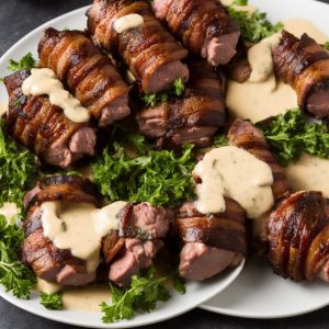 Bacon-Wrapped Venison Tenderloin with Garlic Cream Sauce
