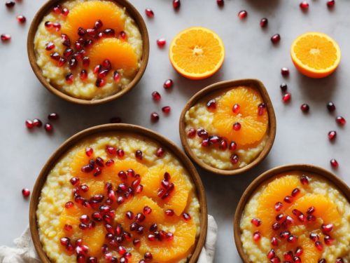 Baked Cardamom-Scented Rice Pudding with Oranges in Honey & Pomegranate Syrup