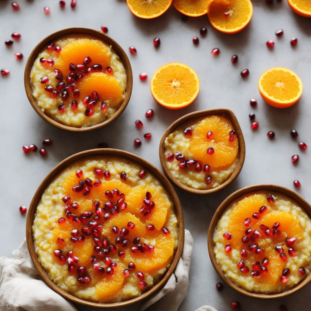 Baked Cardamom-Scented Rice Pudding with Oranges in Honey & Pomegranate Syrup