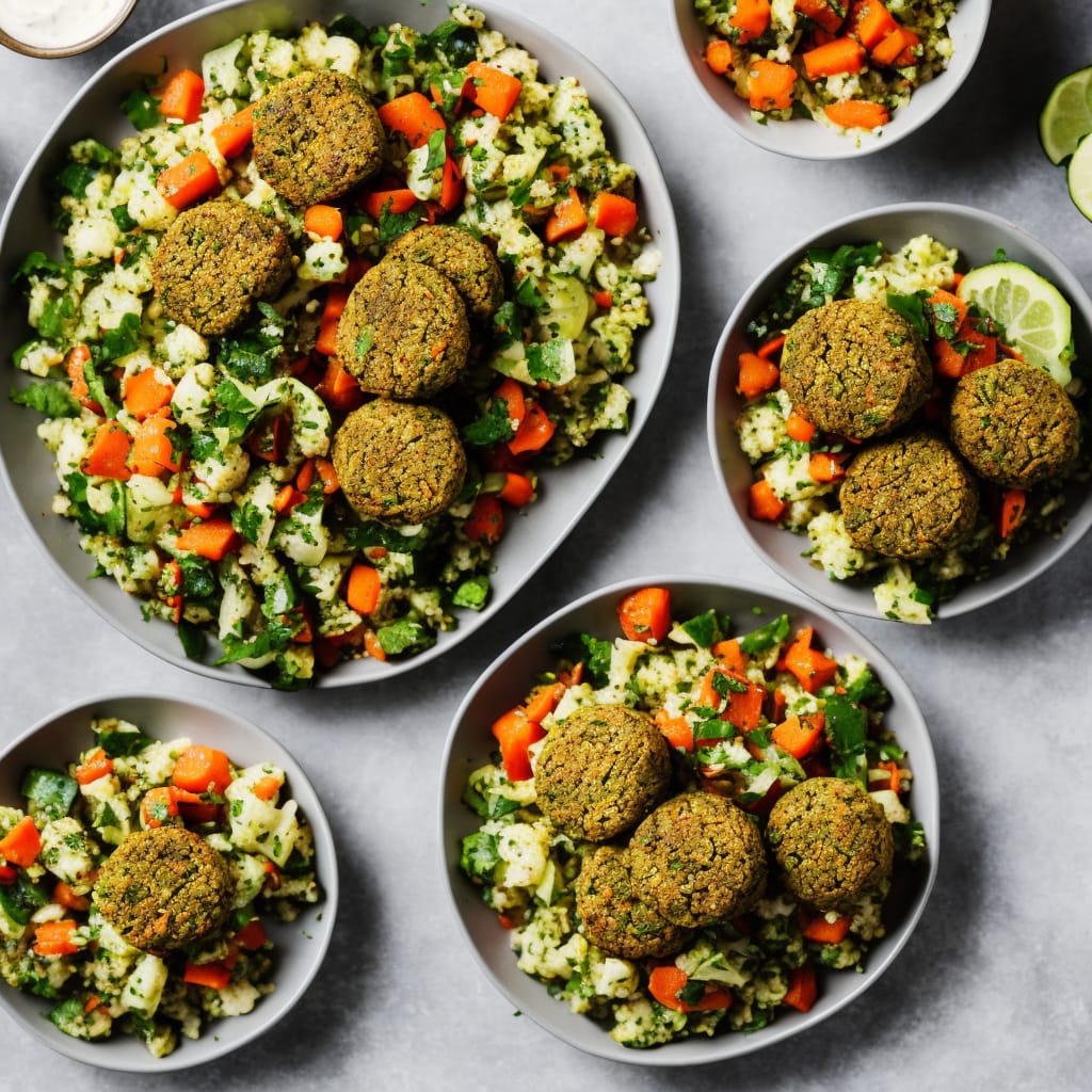 Baked Falafel & Cauliflower Tabbouleh with Pickled Carrot, Cucumber & Chilli Salad
