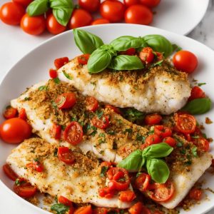 Baked Fish with Tomatoes, Basil & Crispy Crumbs