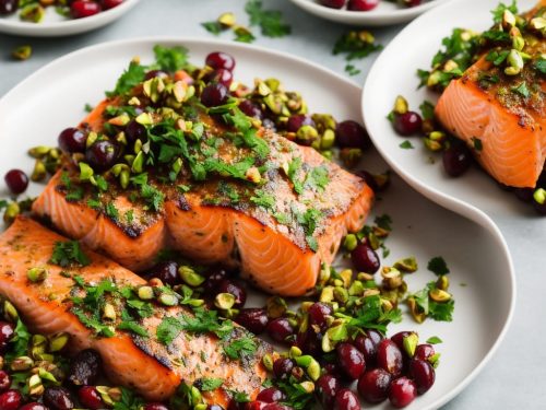 Baked Salmon Fillet with Pickled Cranberries, Parsley & Pistachios