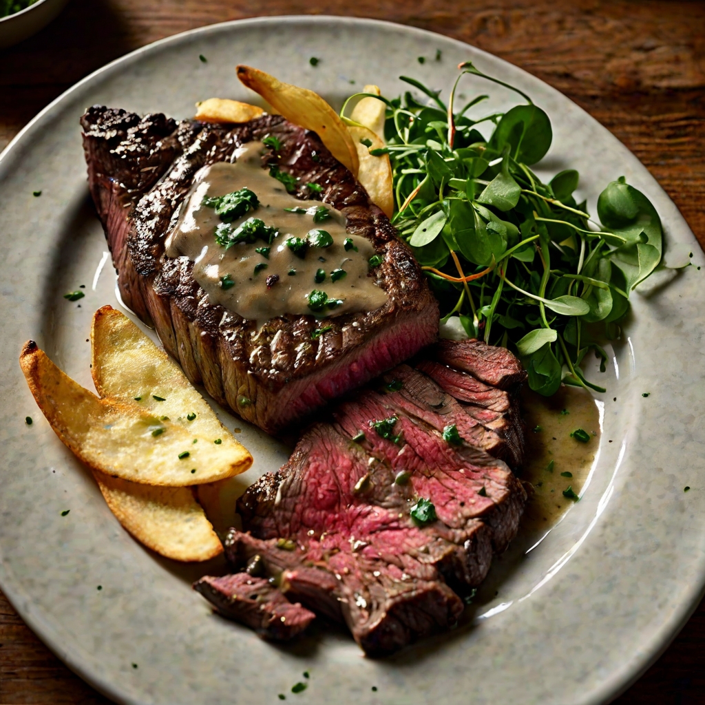 Bavette Steak with Chips, Tarragon & Mushroom Sauce & Watercress Salad