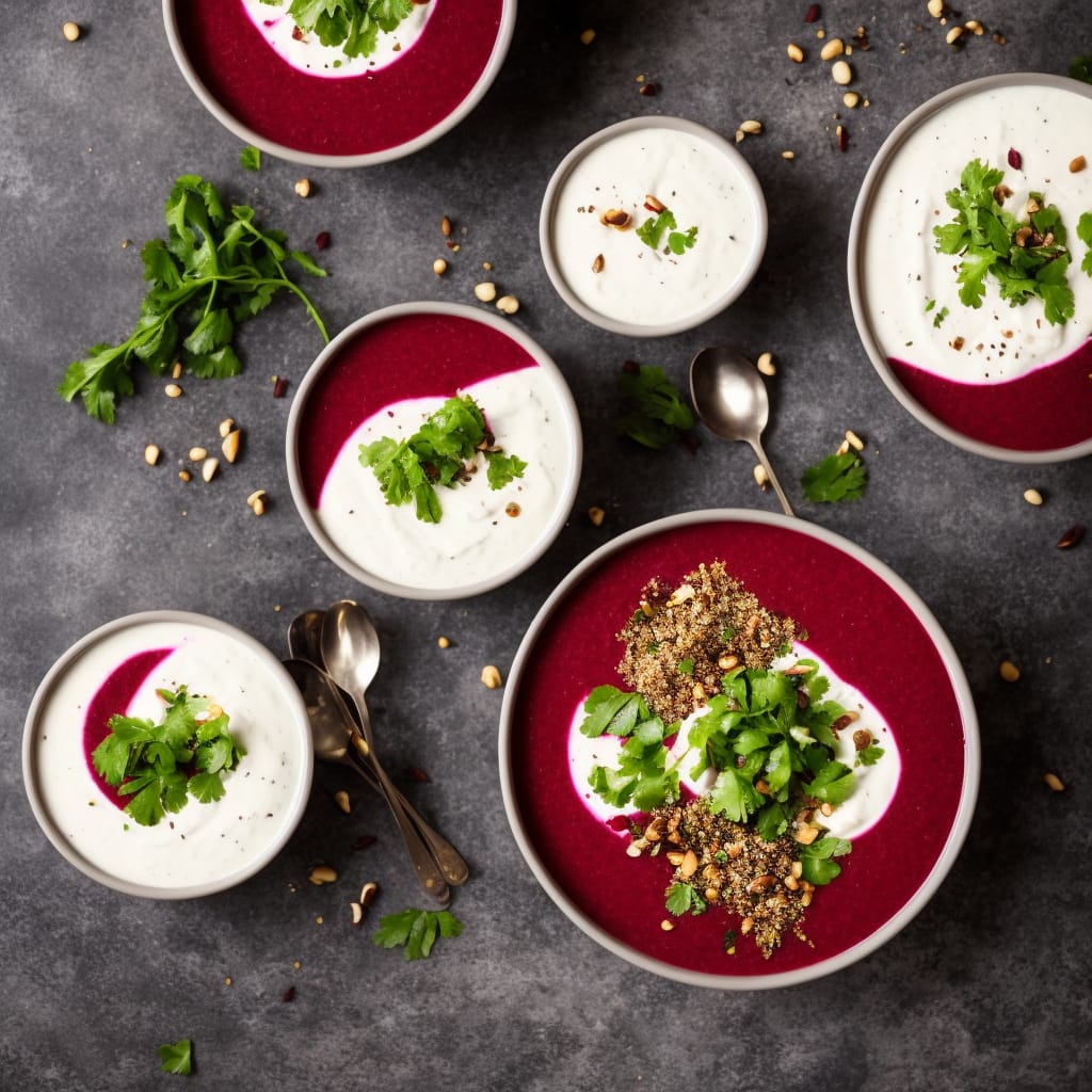 Beetroot, cumin & coriander soup with yogurt and hazelnut dukkah