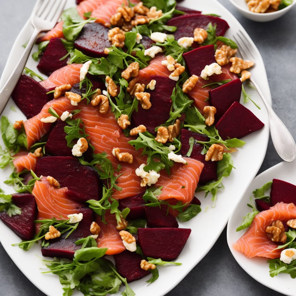 Beetroot-Cured Salmon with Citrus Salad & Caramelised Walnuts