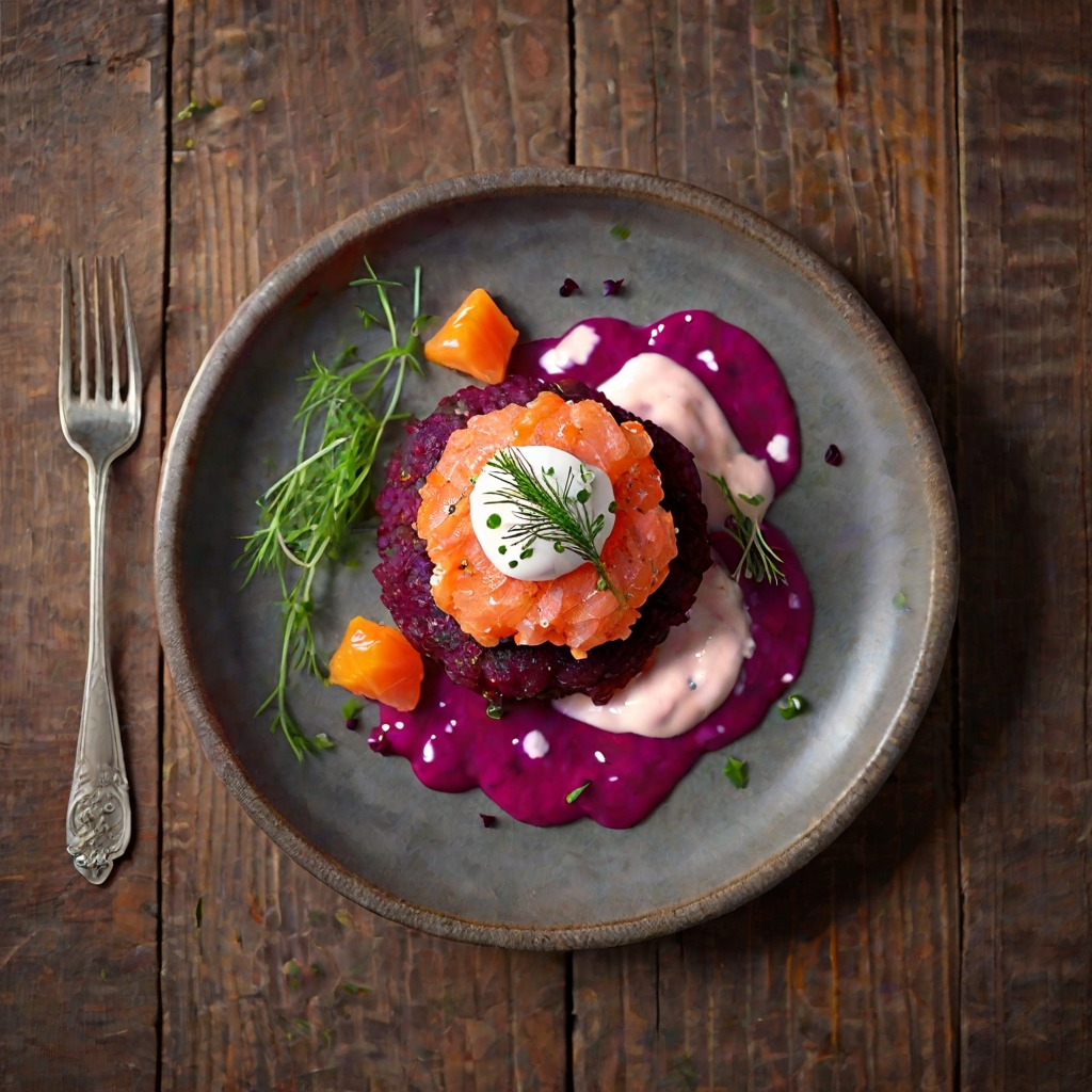 Beetroot Fritters with Soured Cream & Salmon Tartare