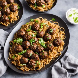 Black Bean Beef Meatballs with Stir-Fried Noodles
