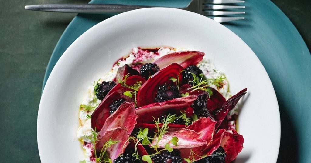 Blackberry, Beetroot & Goat's Cheese Salad with Poppy Seed Croutons