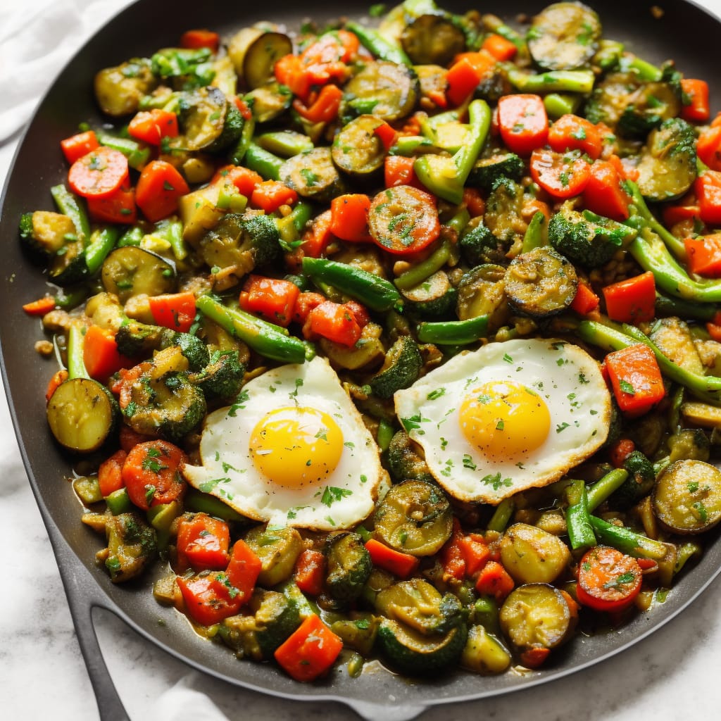 Braised Summer Vegetable Pisto with Emerald Sauce & Fried Egg
