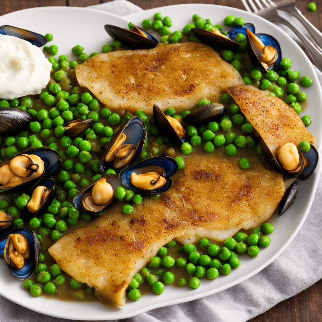 Brown Butter Sole with Peas & Mussels