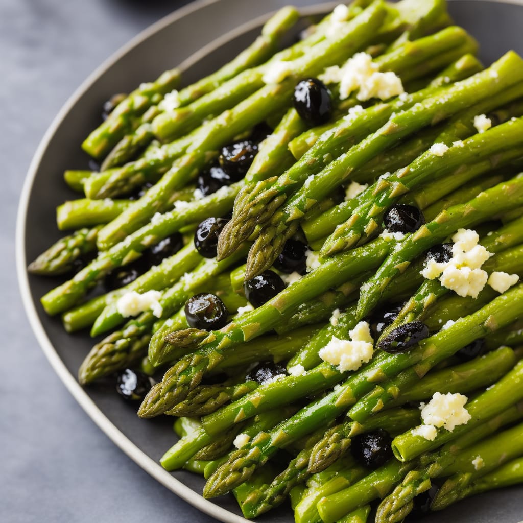 Butter-fried asparagus with black olive & lemon mayonnaise