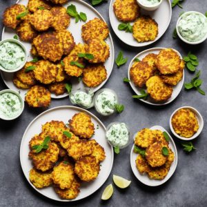 Cauliflower & Squash Fritters with Mint & Feta Dip