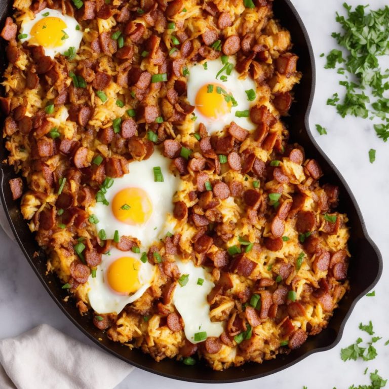 Hash Browns Breakfast Skillet with Bacon Strips and Onions