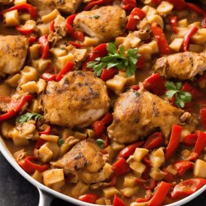 Chicken Casserole with Red Wine, Ham & Peppers