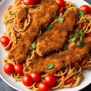Chicken Schnitzel Strips with Tomato Spaghetti