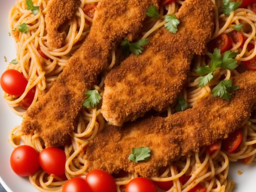 Chicken Schnitzel Strips with Tomato Spaghetti