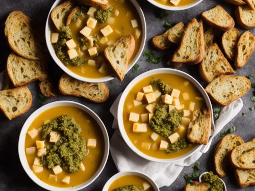 Chunky Root Vegetable Soup with Cheesy Pesto Toasts