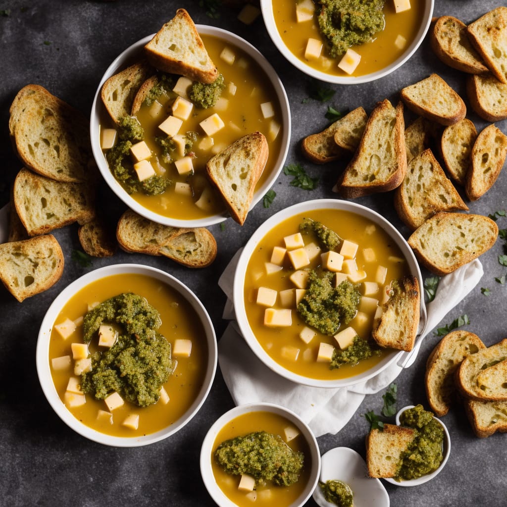 Chunky Root Vegetable Soup with Cheesy Pesto Toasts