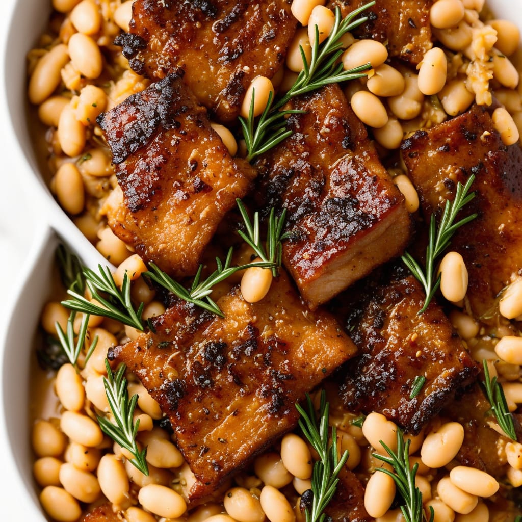 Confit pork belly with cannellini beans & rosemary recipe