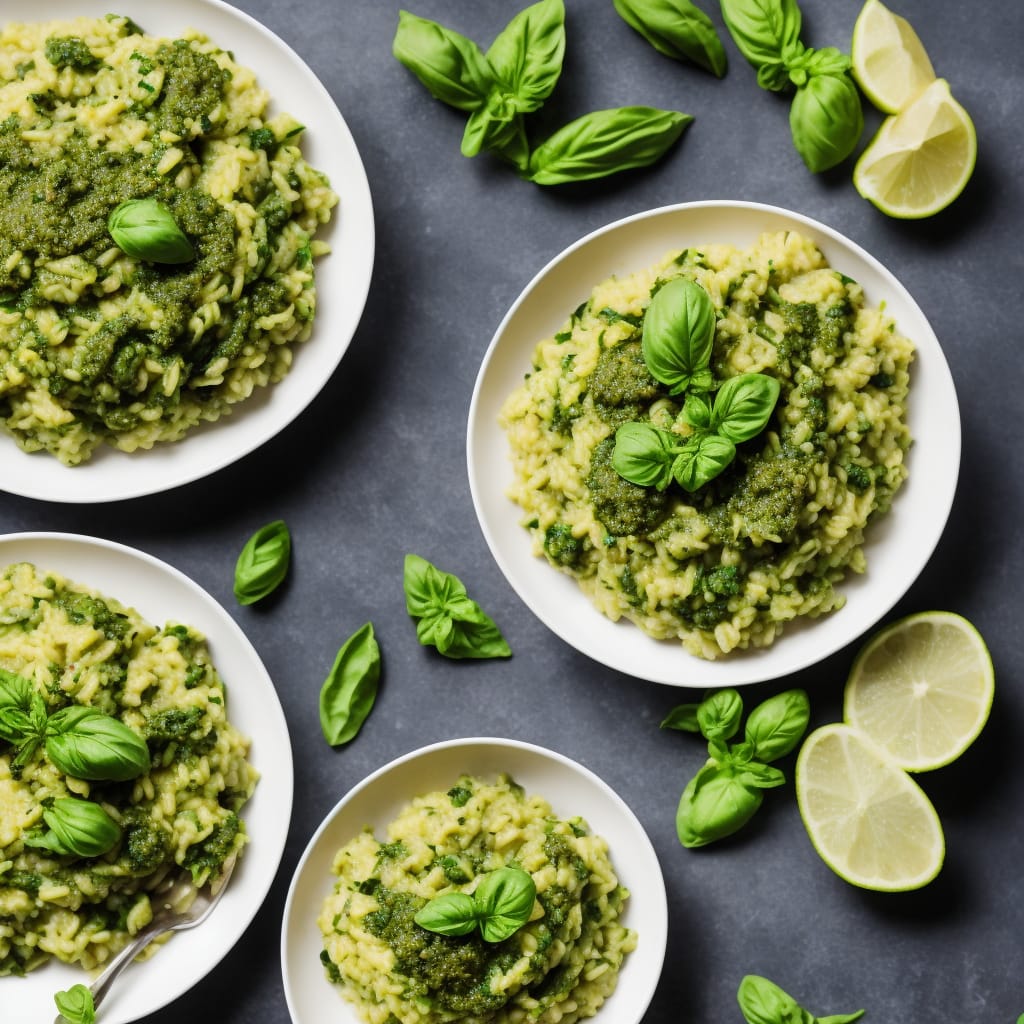 Courgette & broad bean risotto with basil pesto