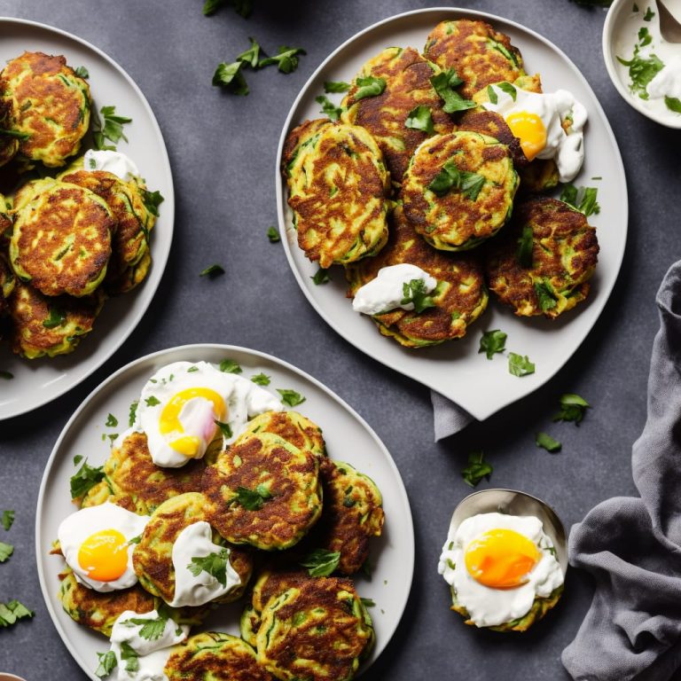 Courgette & Ricotta Fritters with Poached Eggs & Harissa Yogurt Recipe