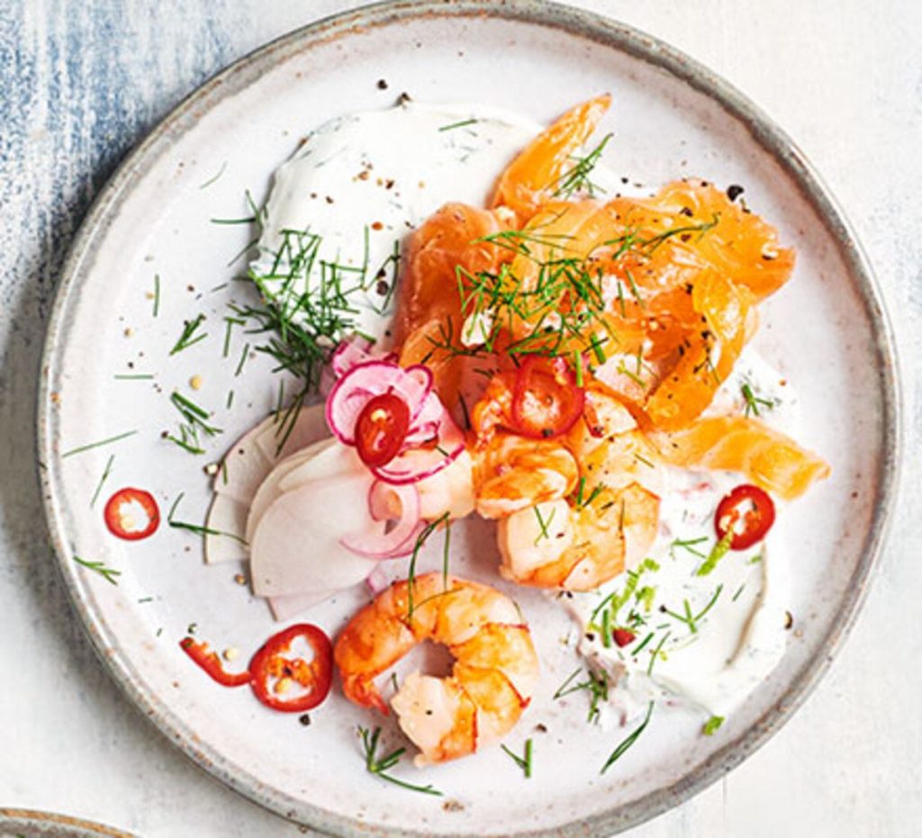 Cured Salmon with Prawns, Pickled Salad & Dill Lime Crème Fraîche